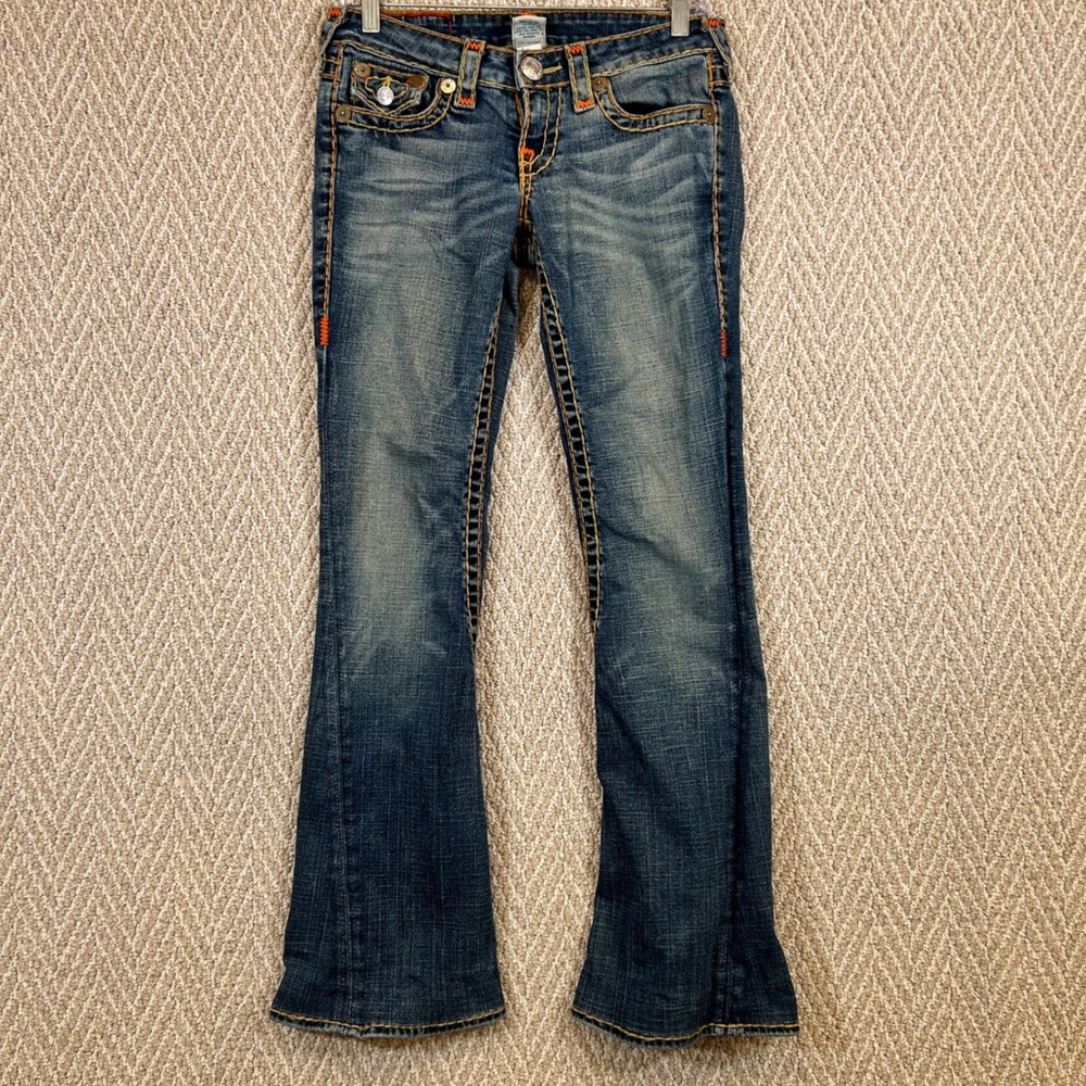 Vtg True Religion Jeans Womens 26 Joey Super T Flare Medium Wash Contrast Stitch